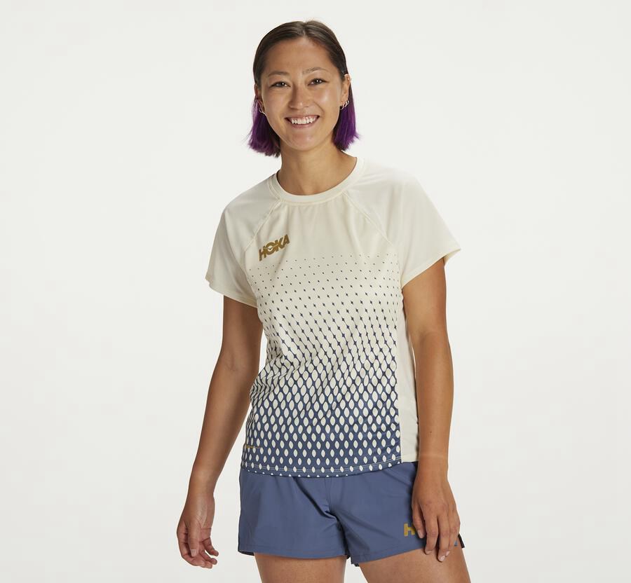 Hoka Australia One One Performance Short Sleeve - Womens Tops Blue/White - VWCQT-1754